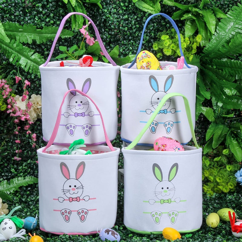 XinblueCo Easter Bunny Basket Egg Bags for Kids,Canvas Cotton Personalized Candy Egg Basket Rabbit Print Buckets with Fluffy Tail Gifts Bags for Easterâ€¦â€¦ - Image 4